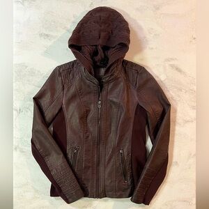 Maurices Burgundy Faux Leather Jacket Slim Fit w/ Removable Hood Size Small